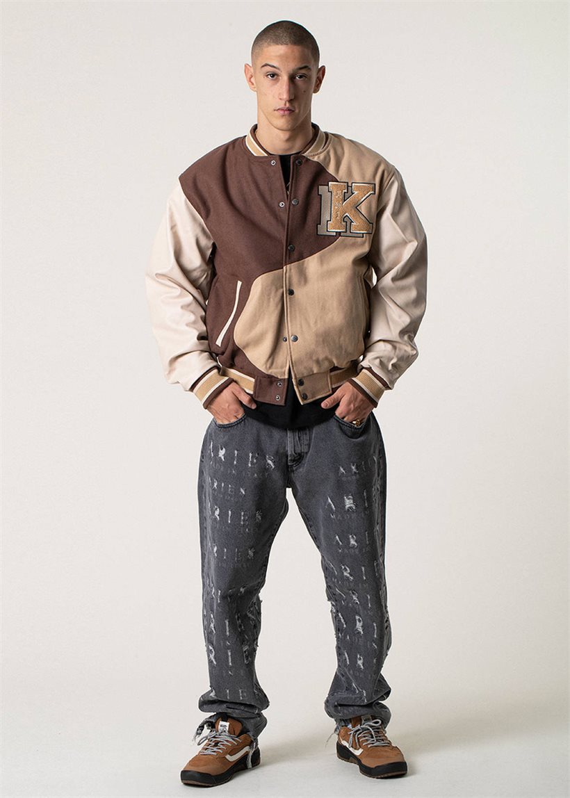 KARL KANI KU233-001 KK Retro patch wavy block college jacket brown