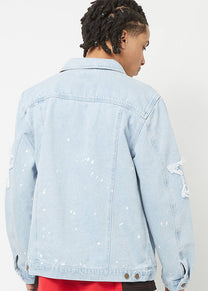 Karl Kani KM241-014 OG Paintsplatter bleached blue denim trucker jacket