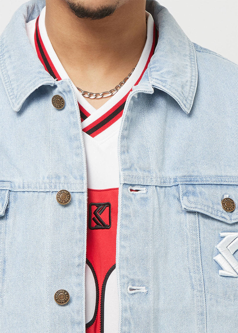 Karl Kani KM241-014 OG Paintsplatter bleached blue denim trucker jacket