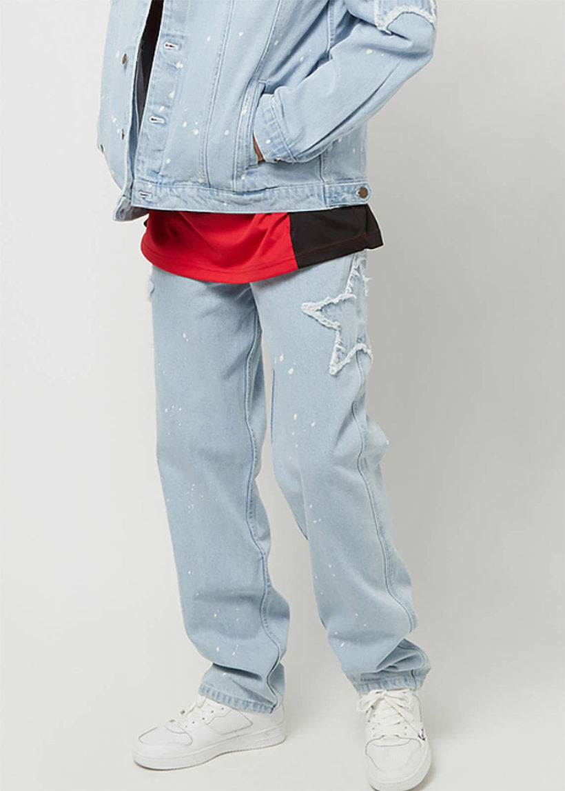 Karl Kani KM241-017 OG Paintsplatter bleached blue baggy five pocket denim pants