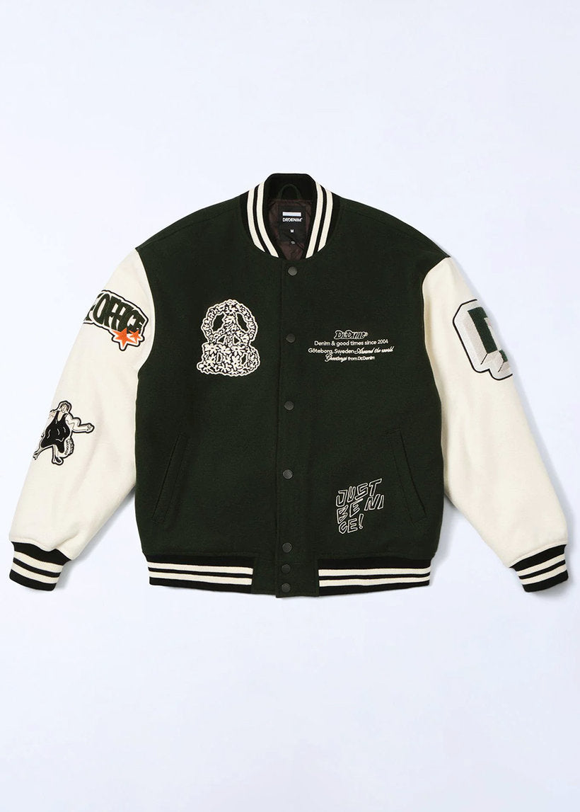 Dr Denim Annivarsity green jacket patched