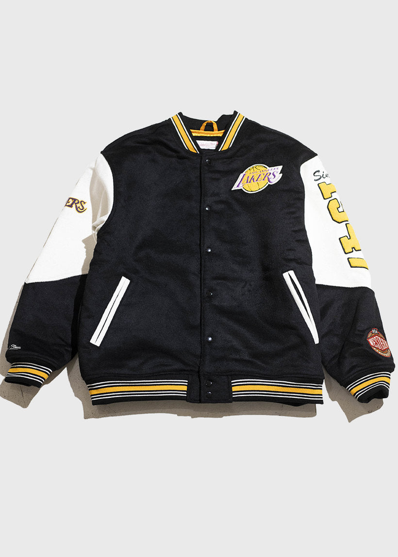 Mitchell &amp; Ness NBA Team History Vintage Logo Lakers JK8458-LALBLCK black varsity jacket