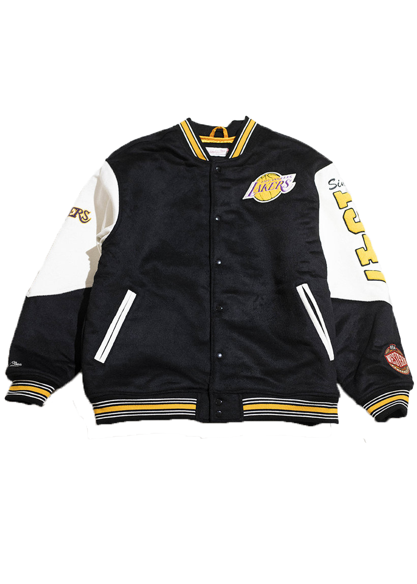 Mitchell &amp; Ness NBA Team History Vintage Logo Lakers JK8458-LALBLCK black varsity jacket